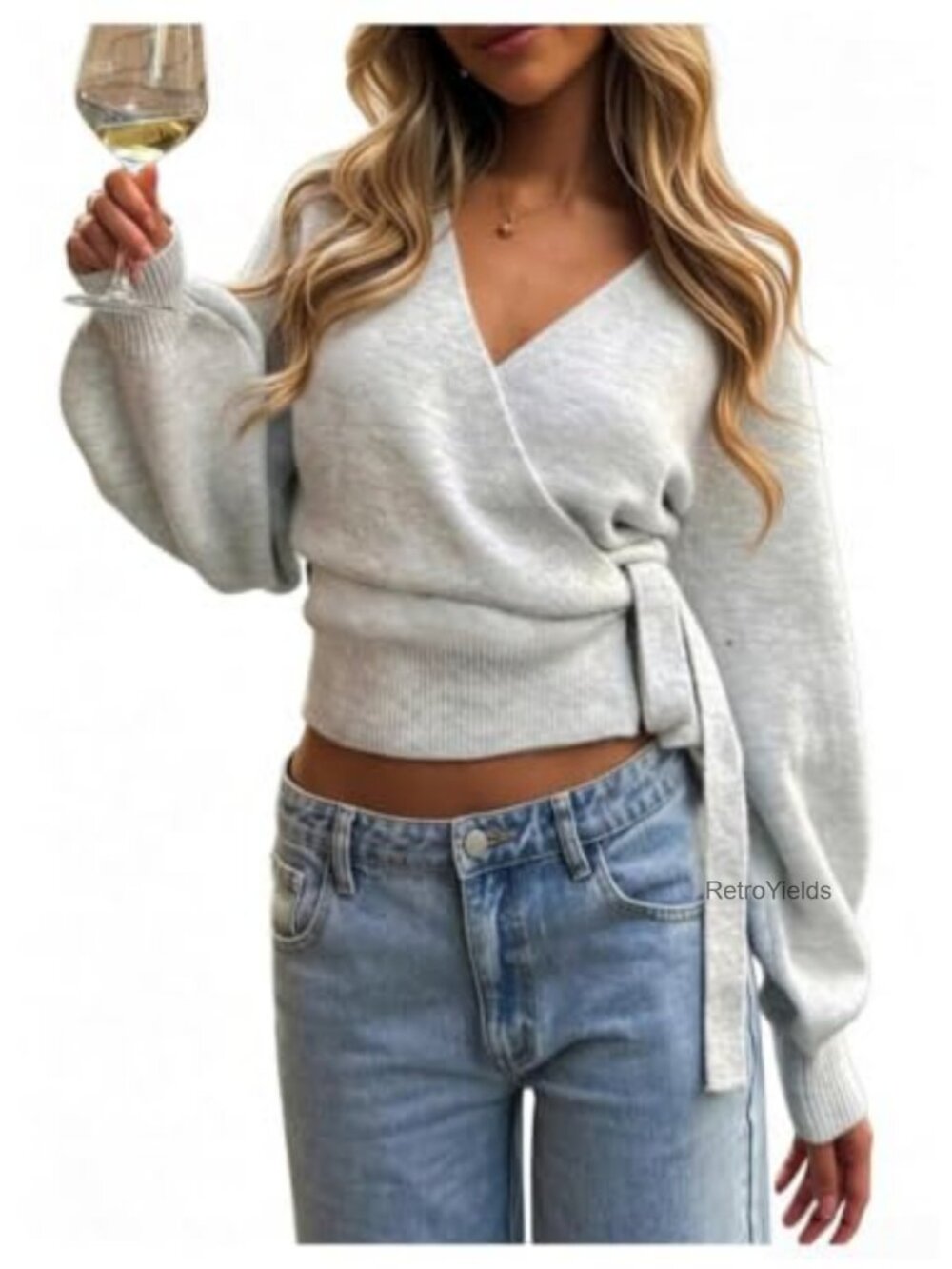 Rib Knit Wrap Cardigan Crop Tie Front Long Sleeve Sweater